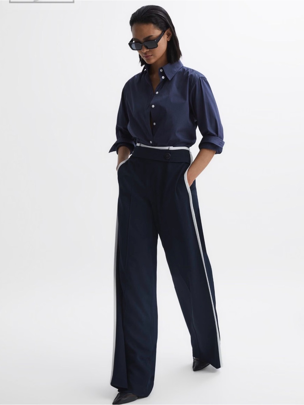 REISS Lina High Rise Wide Leg Trousers Navy White Stripe Size US 8